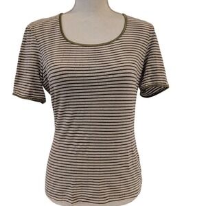 Esprit Womens Striped Short Sleeve Knit Top Tan Brown Metallic Trim Size L